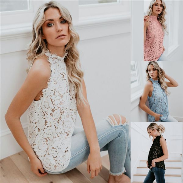 women's hollow sleeveless women's hollow sleeveless lace shirt lace shirt, White