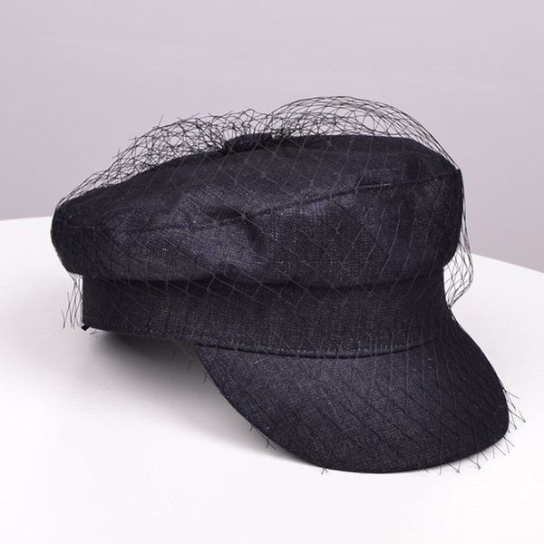 british style retro denim flat beret cap with mesh veil women girl sun protection visor button painter elegant navy hat, Blue;gray
british style retro denim flat beret cap with mesh veil women girl sun protection visor button painter elegant navy hat, Blue;gray