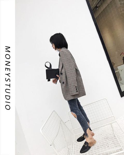 spring suit plaid suit retro loose medium-length wool plaid small jacket, White;black
spring suit plaid suit retro loose medium-length wool plaid small jacket, White;black