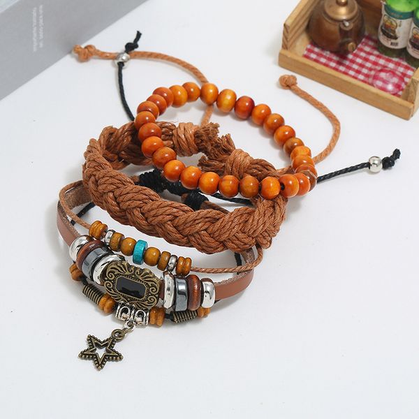 three-piece simple vintage multi-layer beaded leather bracelet handmade rope woven jewelry fashion men's accessories, Golden;silver
three-piece simple vintage multi-layer beaded leather bracelet handmade rope woven jewelry fashion men's accessories, Golden;silver