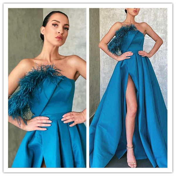 abendkleider a line peacock blue prom dresses feather high side split formal evening dresses satin ruffles party gown vestidos de novia, Black;red
abendkleider a line peacock blue prom dresses feather high side split formal evening dresses satin ruffles party gown vestidos de novia, Black;red