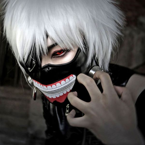 

clearance tokyo ghoul 2 kaneki ken mask adjustable zipper masks pu leather cool mask blinder anime cosplay halloween masks, Silver