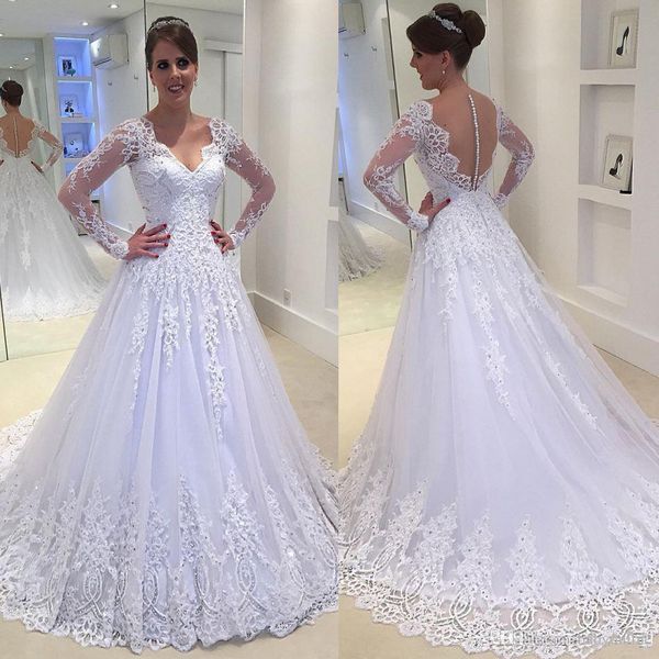 see through button back wedding dresses vestios de novia v-neck sheer long sleeves lace appliques beaded bridal gowns, White
see through button back wedding dresses vestios de novia v-neck sheer long sleeves lace appliques beaded bridal gowns, White