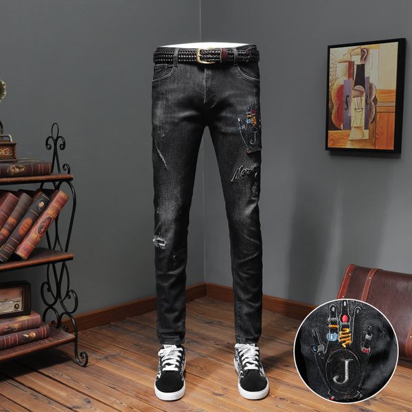 quality men personality ripped hole embroidery stretch slim fit straight black jeans, Blue
quality men personality ripped hole embroidery stretch slim fit straight black jeans, Blue