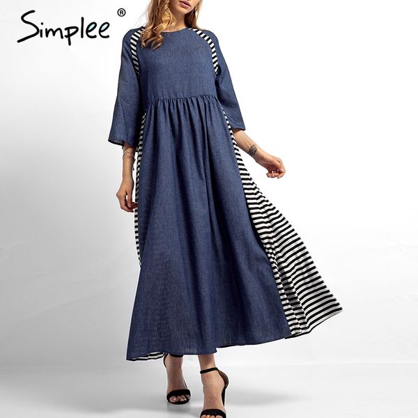 simplee vintage striped denim women maxi dress three quarter sleeve loose blue long dresses casual female spring solid vestidos, Black;gray
simplee vintage striped denim women maxi dress three quarter sleeve loose blue long dresses casual female spring solid vestidos, Black;gray