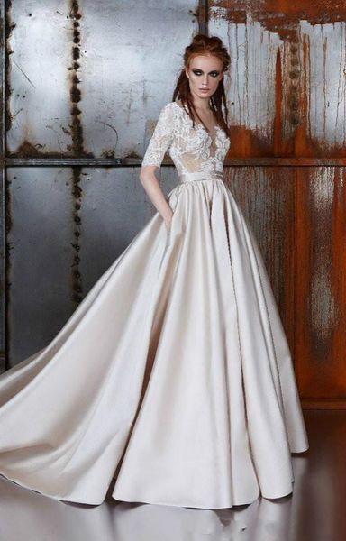 2020 champagne wedding dresses sheer neck half sleeves appliques lace satin wedding gowns 100% real image vintage bridal dress, White
2020 champagne wedding dresses sheer neck half sleeves appliques lace satin wedding gowns 100% real image vintage bridal dress, White