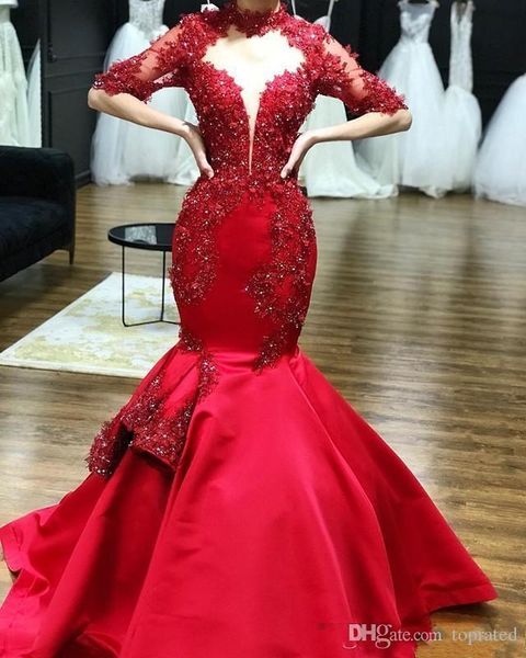 red satin high neck mermaid prom dresses lace appliques half sleeves beaded formal evening gowns party pageant dresses custom made, Black
red satin high neck mermaid prom dresses lace appliques half sleeves beaded formal evening gowns party pageant dresses custom made, Black