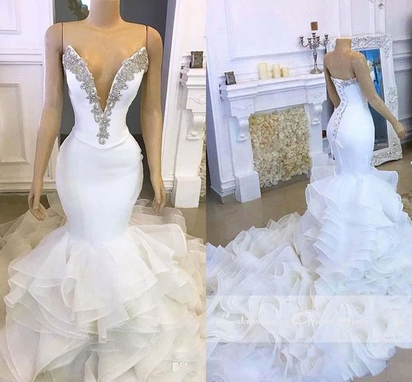 2020 arabic mermaid wedding dresses organza tiered ruffles deep v neck crystal beaded chapel train formal plus size bridal gowns, White
2020 arabic mermaid wedding dresses organza tiered ruffles deep v neck crystal beaded chapel train formal plus size bridal gowns, White