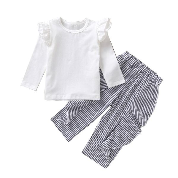 baby girl clothes set cotton pants toddler kids baby girls long sleeve frill solid +stripe frill pants outfit 2019 new, White 
baby girl clothes set cotton pants toddler kids baby girls long sleeve frill solid +stripe frill pants outfit 2019 new, White