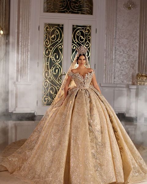 2020 shinny ball gown wedding dresse champagne off shoulder luxury crystal beaded saudi arabian dubai bridal gown plus size, White
2020 shinny ball gown wedding dresse champagne off shoulder luxury crystal beaded saudi arabian dubai bridal gown plus size, White