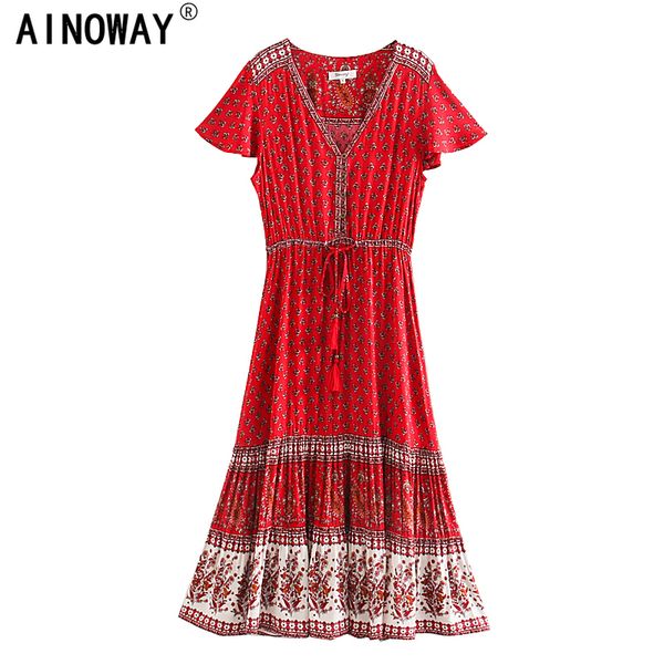 vintage chic women red floral print beach bohemian rayon maxi dresses ladies v neck botton boho pleated robe vestidos, White;black
vintage chic women red floral print beach bohemian rayon maxi dresses ladies v neck botton boho pleated robe vestidos, White;black