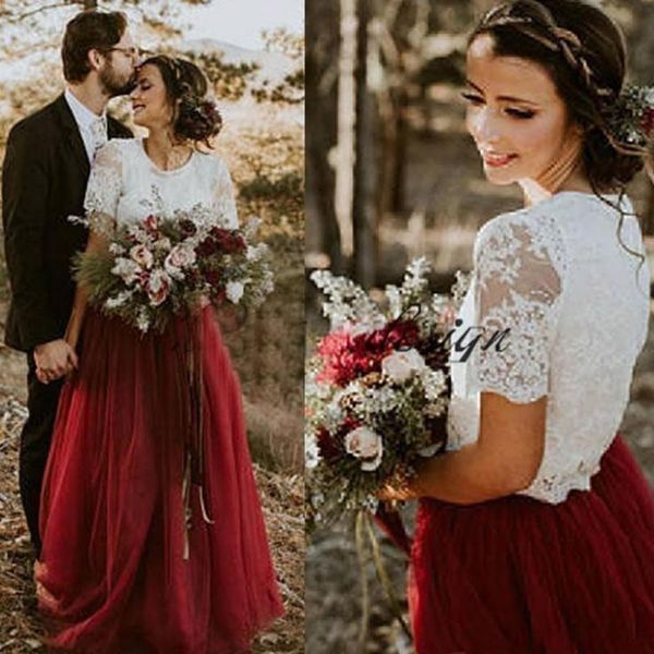 2020 burgundy tulle country wedding dresses a line short sleeves lace bridal gowns plus size two pieces dress, White
2020 burgundy tulle country wedding dresses a line short sleeves lace bridal gowns plus size two pieces dress, White