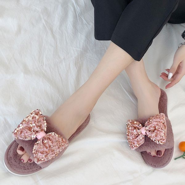 bow women's fashion large size add wool warm flat heels bowknot slipper shoes women's slippers non-slip flat soft shoes sandal, Black