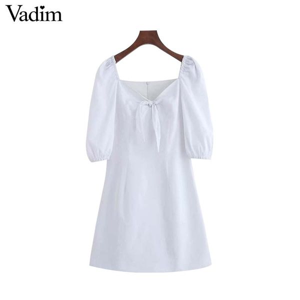vadim women sweet solid mini dress v neck bow tie puff sleeve casual a line chic female white dresses vestidos qc199, Black;gray
vadim women sweet solid mini dress v neck bow tie puff sleeve casual a line chic female white dresses vestidos qc199, Black;gray