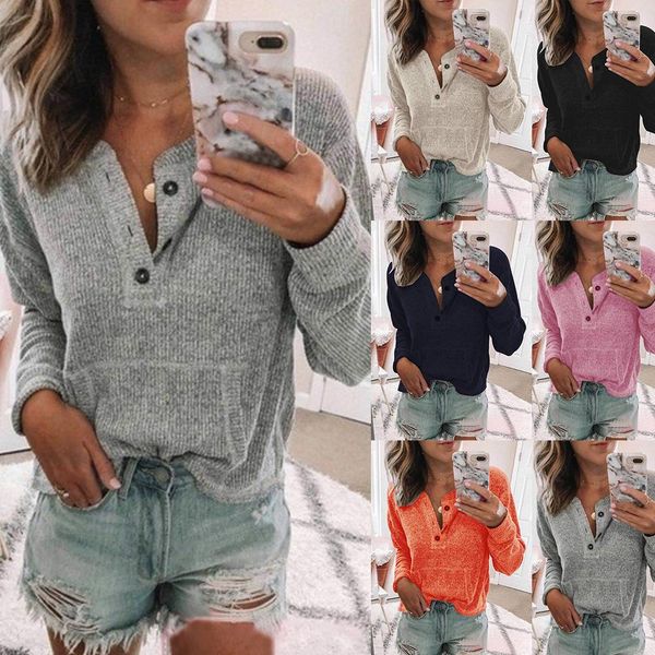 autumn casual women solid color buttons v neck long sleeve sweater jumper top, White;black
autumn casual women solid color buttons v neck long sleeve sweater jumper top, White;black