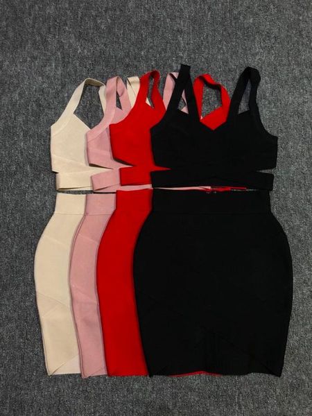 2018 summer women dress wholesale red black white nude dusty pink bandage two piece dress party + suit, White;black