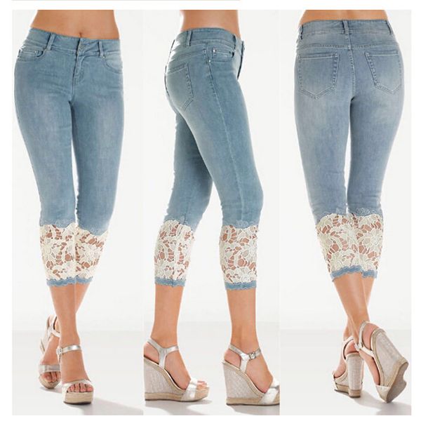 women light blue denim crochet lace skinny legs stretch pencil lace jeans short