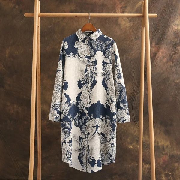 ink printing cotton and linen long shirt for women clothing loose retro style single breasted full sleeve floral blouse femme, White
ink printing cotton and linen long shirt for women clothing loose retro style single breasted full sleeve floral blouse femme, White