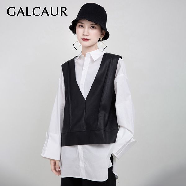 galcaur korean two piece set female lapel collar long sleeve shirt v neck sleeveless pu velvet vest female suits clothes 2020, White
galcaur korean two piece set female lapel collar long sleeve shirt v neck sleeveless pu velvet vest female suits clothes 2020, White