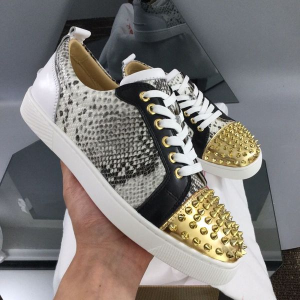 python leather with gold spikes men's sneakers shoes red bottom low junior women's red sole famous designer brand casual walking, Black
python leather with gold spikes men's sneakers shoes red bottom low junior women's red sole famous designer brand casual walking, Black