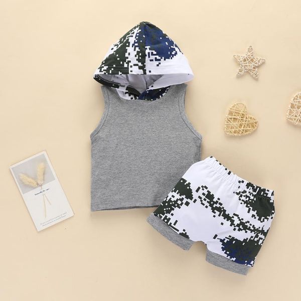 clothing sets summer born infant baby boys clothes patchwork hooded sleeveless t-shirt +camouflage shorts sportwear outfits set#p4, White 
clothing sets summer born infant baby boys clothes patchwork hooded sleeveless t-shirt +camouflage shorts sportwear outfits set#p4, White