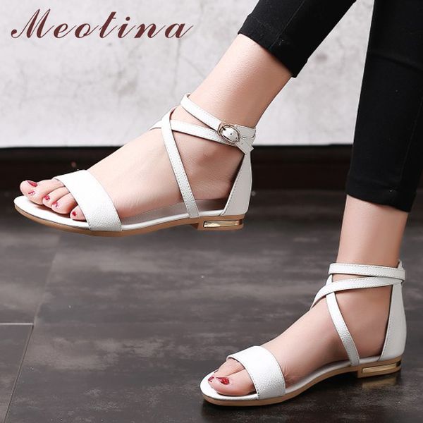 leather meotina women block genuine heel flat sandals open toe buckle summer shoes female 2018 black white size 33-46 11