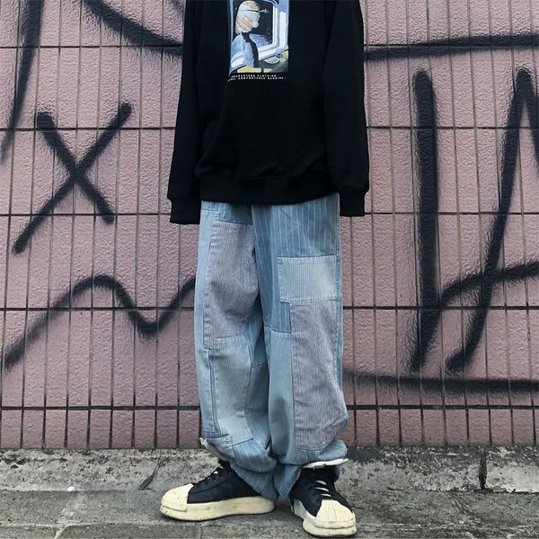 male streetwear hip hop casual denim beggar pants men vintage patch stripe wide leg straight jeans trousers, Blue
male streetwear hip hop casual denim beggar pants men vintage patch stripe wide leg straight jeans trousers, Blue