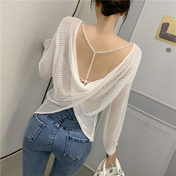 women dresses niche knitwear 2020 summer new fashion hollow-out beauty back pearl chain air conditioning shirt women, White
women dresses niche knitwear 2020 summer new fashion hollow-out beauty back pearl chain air conditioning shirt women, White