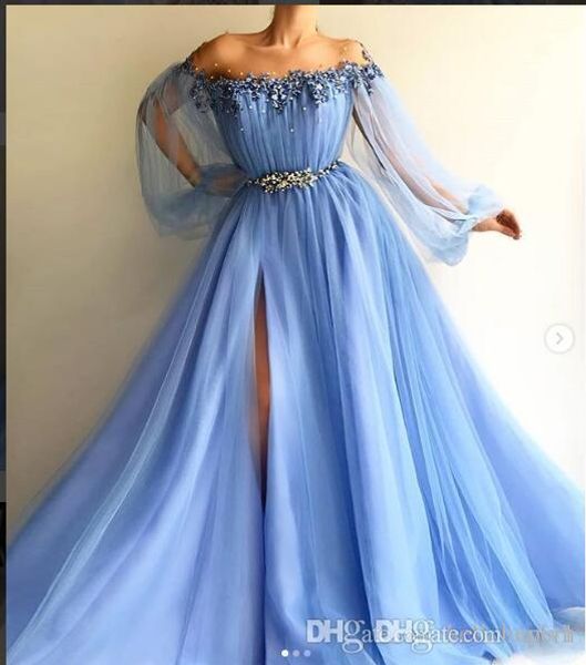2019 a line blue tulle prom dresses long long sleeve evening dresses formal gowns with beads, Black
2019 a line blue tulle prom dresses long long sleeve evening dresses formal gowns with beads, Black