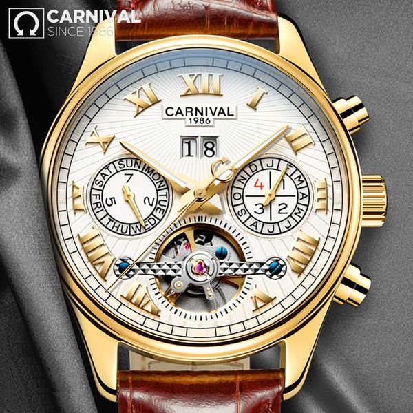 carnival relogio masculino automatic mechanical men watches waterproof calendar week leather wristwatch mens otomatik erkek saat, Slivery;brown 
carnival relogio masculino automatic mechanical men watches waterproof calendar week leather wristwatch mens otomatik erkek saat, Slivery;brown