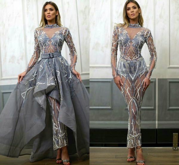 2019 beaded high neck mermaid prom dresses illusion lace sheer long sleeve ankle length evening dress detachable overskirts formal gowns, Black
2019 beaded high neck mermaid prom dresses illusion lace sheer long sleeve ankle length evening dress detachable overskirts formal gowns, Black