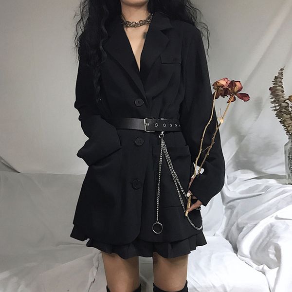 office lady notched blazer 2020 new long sleeve women jacket harajuku oversize coat black medium long jacket with belt, White;black
office lady notched blazer 2020 new long sleeve women jacket harajuku oversize coat black medium long jacket with belt, White;black