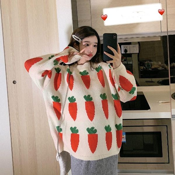 women clothing autumn carrot pattern sweaters thick turtleneck knitted pullover loose cute harajuku girly top, White;black
women clothing autumn carrot pattern sweaters thick turtleneck knitted pullover loose cute harajuku girly top, White;black