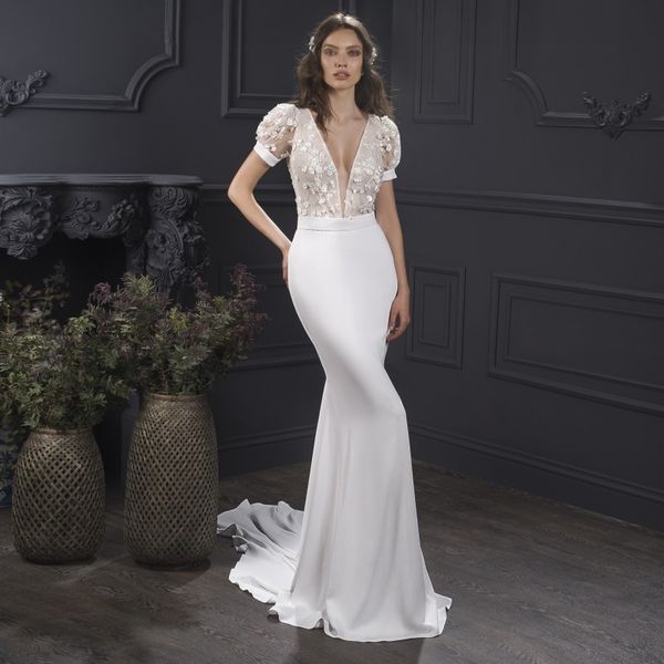 lihi hod beaded mermaid wedding dresses sheer deep v neck short sleeves bridal gowns sweep train 3d appliqued robes de mariée, White
lihi hod beaded mermaid wedding dresses sheer deep v neck short sleeves bridal gowns sweep train 3d appliqued robes de mariée, White