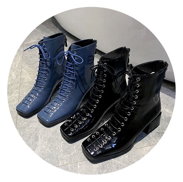 british handsome haze blue short boots bright patent leather cross strap personality square head boots lace-up thick heel, Black
british handsome haze blue short boots bright patent leather cross strap personality square head boots lace-up thick heel, Black