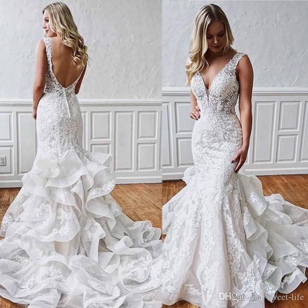 plus size african mermaid wedding dresses deep v neck backless lace applique robes de mariée tiered organza wedding dress bridal gowns, White
plus size african mermaid wedding dresses deep v neck backless lace applique robes de mariée tiered organza wedding dress bridal gowns, White