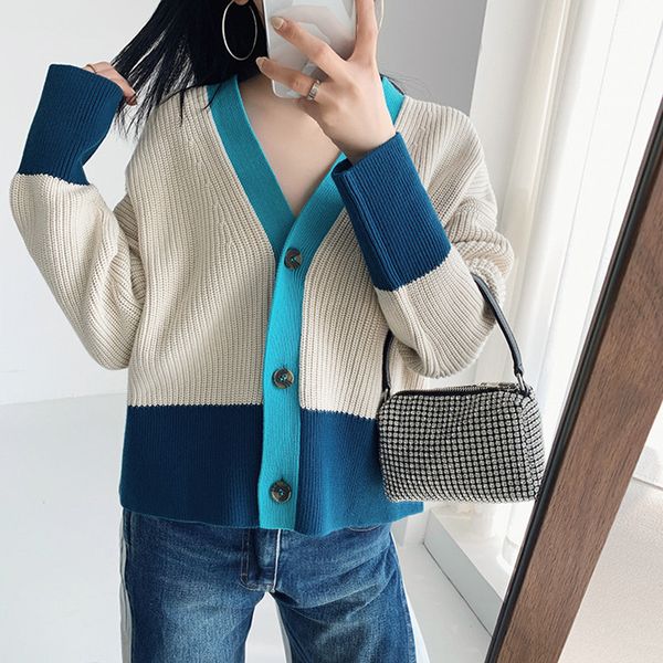 women single breasted knitted cardigan long sleeve color matching v-neck knitwear lady sweater, White
women single breasted knitted cardigan long sleeve color matching v-neck knitwear lady sweater, White