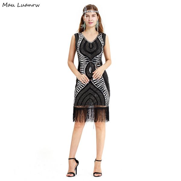 1920s vintage sequins prom dresses formal evening party gown knee length tassels stage dress, White;black
1920s vintage sequins prom dresses formal evening party gown knee length tassels stage dress, White;black