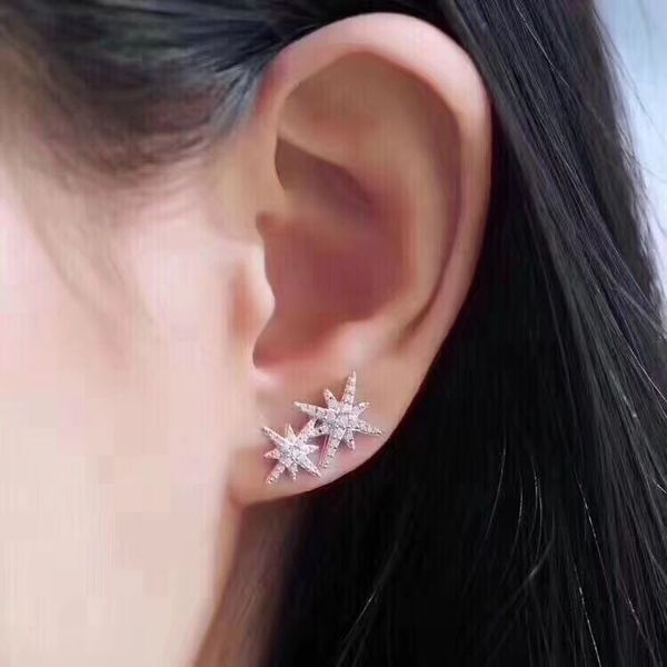 new womens 925 luxury sterling silver jewelry designer earrings fashion lover's gift double stars stud earrings full of diamond, Golden;silver