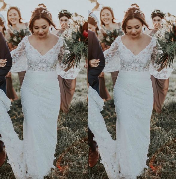 bohemian mermaid white wedding dresses long sleeve tulle lace applique v neck wedding gown sweep train robe de mariée
bohemian mermaid white wedding dresses long sleeve tulle lace applique v neck wedding gown sweep train robe de mariée