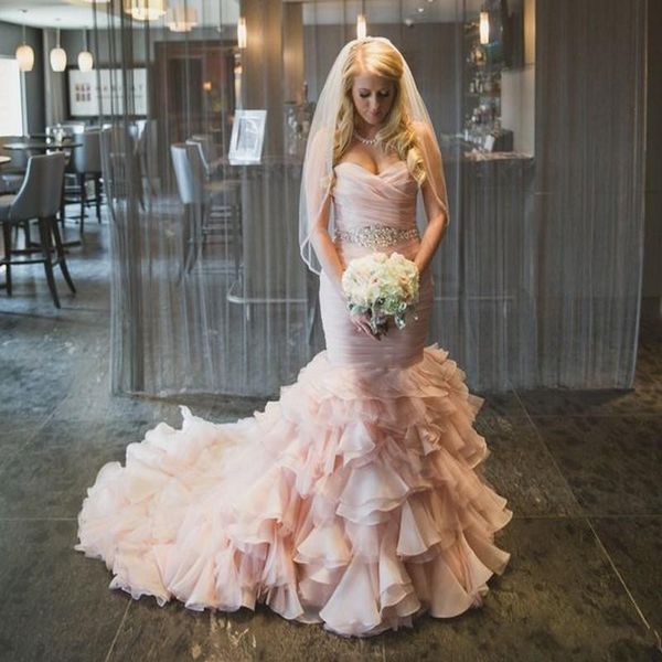 2019 blush pink sweetheart mermaid wedding dresses organza sweep train lace up cascading ruffles bridal dress custom made, White
2019 blush pink sweetheart mermaid wedding dresses organza sweep train lace up cascading ruffles bridal dress custom made, White