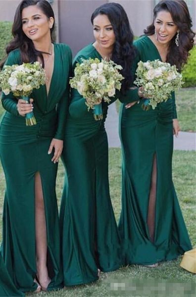 2020 vintage green mermaid bridesmaid dresses long sleeves deep v neck ruched front slit formal evening gowns wedding guest dress, White;pink
2020 vintage green mermaid bridesmaid dresses long sleeves deep v neck ruched front slit formal evening gowns wedding guest dress, White;pink