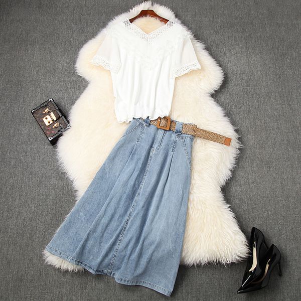 women skirt and set summer 2020 short sleeve white lace v-neck and blouses + denim jeans skirts two piece outfit
women skirt and set summer 2020 short sleeve white lace v-neck and blouses + denim jeans skirts two piece outfit