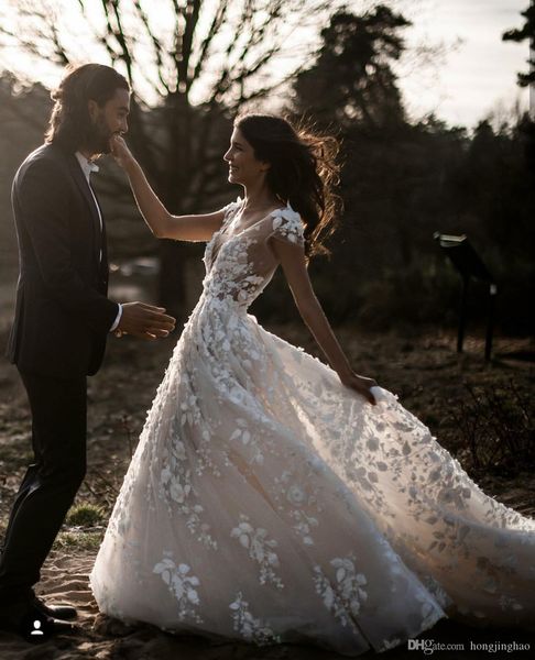 berta summer boho a-line wedding dress illusion bodice 3d-floral appliques beach bridal gowns backless deep v neck robe de mariée, White
berta summer boho a-line wedding dress illusion bodice 3d-floral appliques beach bridal gowns backless deep v neck robe de mariée, White