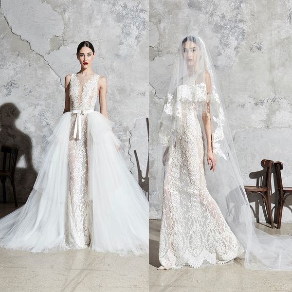 modest zuhair murad mermaid wedding dresses with detachable train v neck sleeveless lace wedding gown sweep train robe de mariée, White
modest zuhair murad mermaid wedding dresses with detachable train v neck sleeveless lace wedding gown sweep train robe de mariée, White