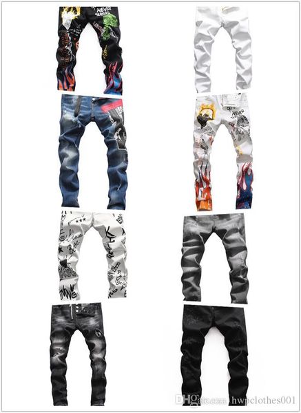 mens jeans male ripped skinny straight slim elastic biker jeans pants long pants stylish straight slim fit jeans, Blue