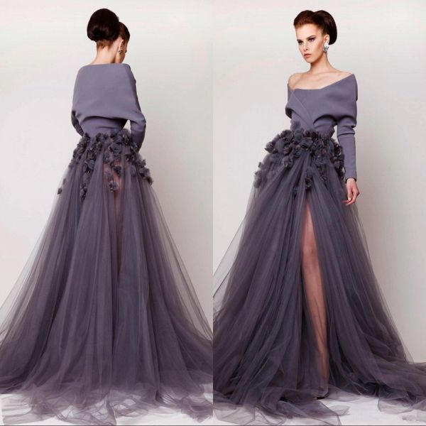 off shoulder evening gowns hand made flower long sleeve side split tulle prom dress fashion sweep train, Black;red
off shoulder evening gowns hand made flower long sleeve side split tulle prom dress fashion sweep train, Black;red
