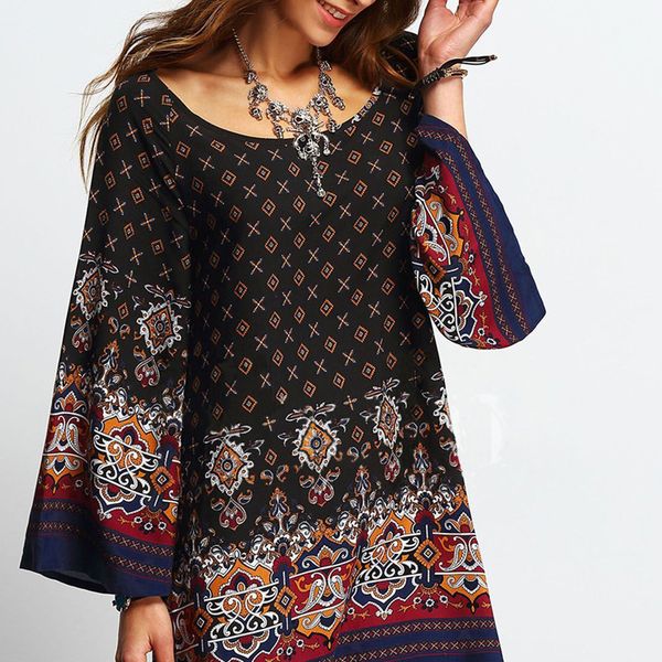 printed dresses plus size dresses vintage ethnic baroque loose sleeve waist round neck knee length flower 23, White 
printed dresses plus size dresses vintage ethnic baroque loose sleeve waist round neck knee length flower 23, White