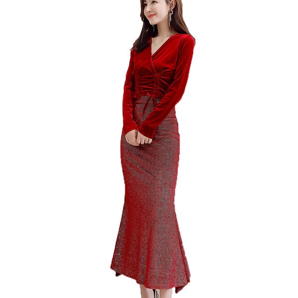 2019 spring fashion v neck red velvet woman 2 piece outfits set women two clothes female bodycon mermaid skirt qh095, White
2019 spring fashion v neck red velvet woman 2 piece outfits set women two clothes female bodycon mermaid skirt qh095, White