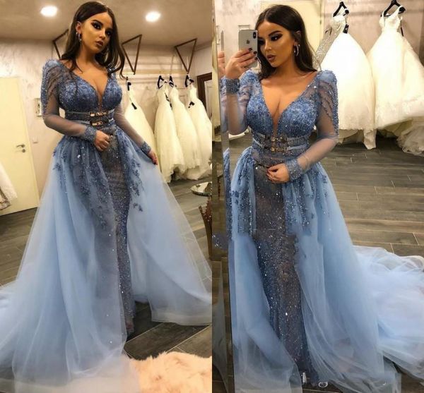 fashion dusty blue v-neck long sleeve mermaid prom dresses with detachable train beaded applique lace peplum overskirt formal evening gowns, Black
fashion dusty blue v-neck long sleeve mermaid prom dresses with detachable train beaded applique lace peplum overskirt formal evening gowns, Black